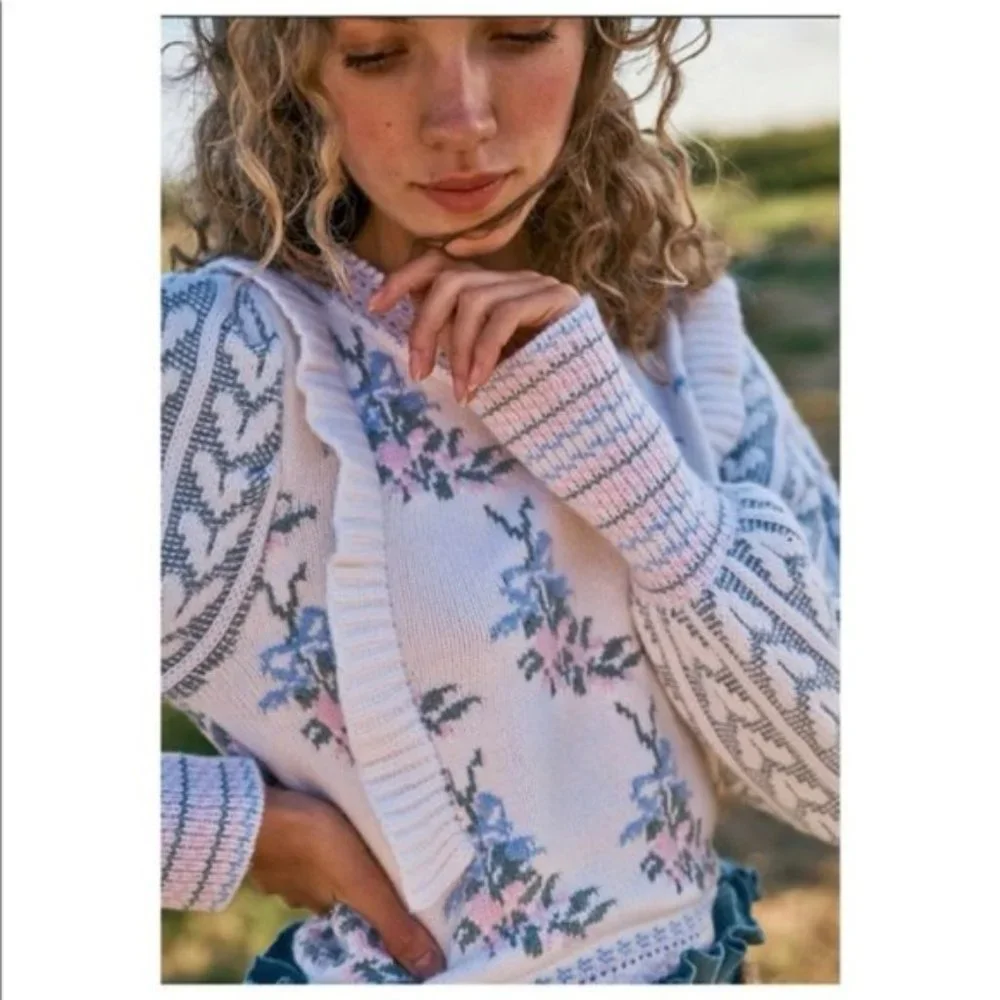 Loveshackfancy Warwick knit sweater floral ruffle hearts XS - Picture 3 of 17